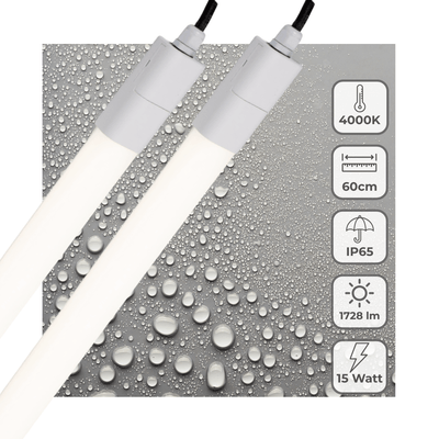 Luminaire LED pour tube fluorescent 1725 lumen - 15W - Blanc froid 4000K - 60cm - IP65 étanche - IK06 - 2 unités