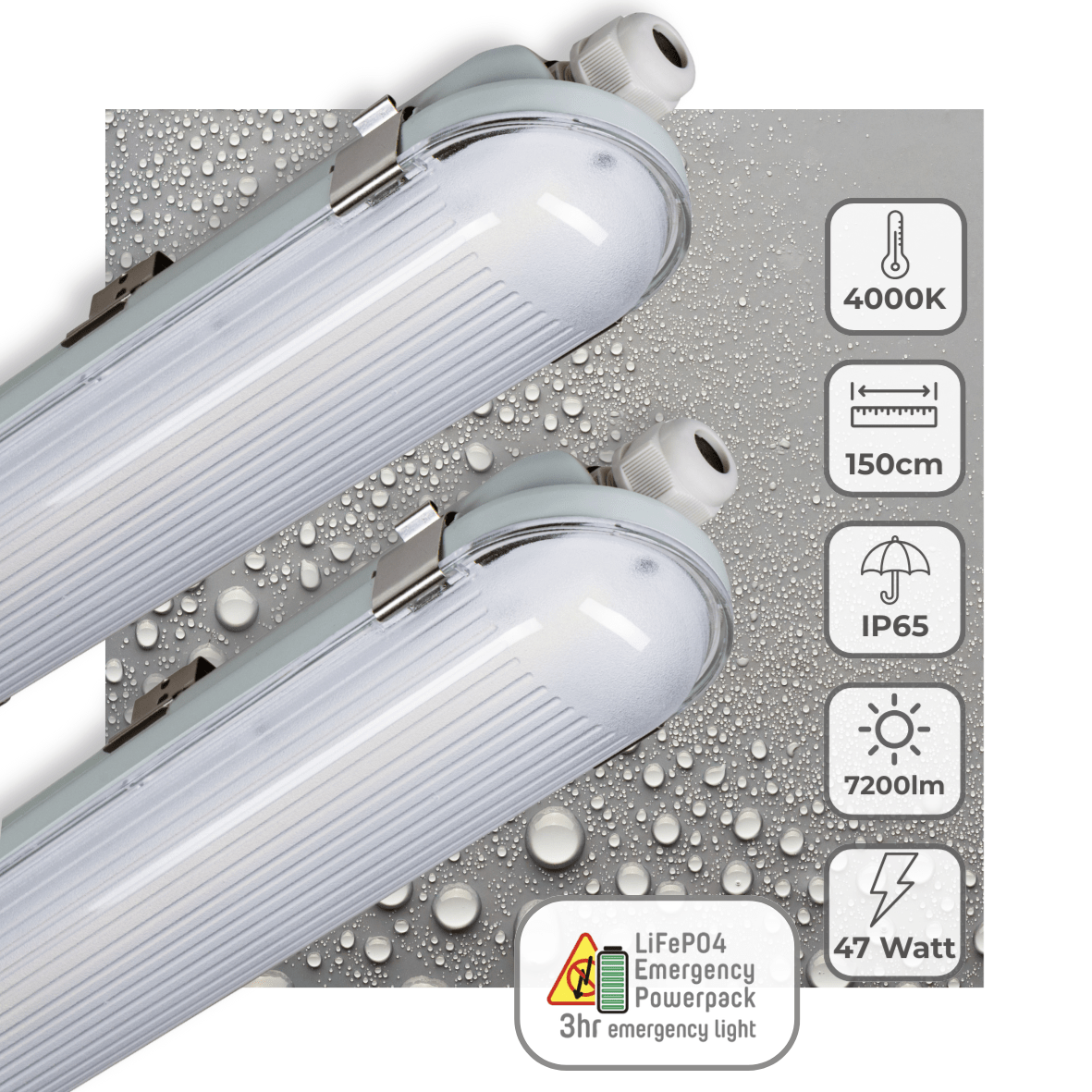 LED Vochtbestendig armatuur 7200 lumen - 47W - Koelwit 4000K - IP65 - Noodaccu - 4 standen - 150cm - 2 stuks