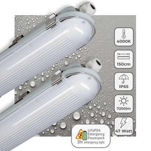 LED Vochtbestendig armatuur 7200 lumen - 47W - Koelwit 4000K - IP65 - Noodaccu - 4 standen - 150cm - 2 stuks