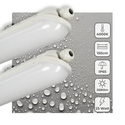 Réglette LED TL complète, blanc froid 4000 K – 23 W, 3680 lumens – 150 cm, IP65 étanche, IK08 – 2 pièces