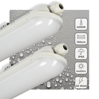 Luminaire LED TL complet blanc froid 4000K - 40W 6400 lumens - 150cm IP65 étanche IK08 - 2 pièces