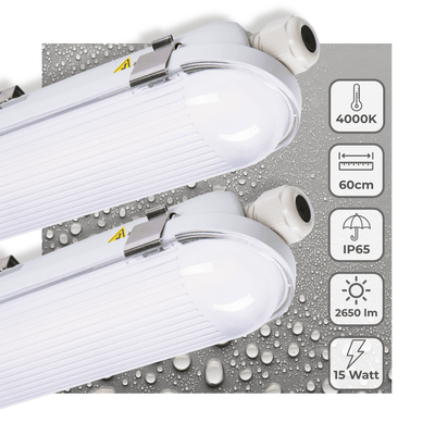 Réglette LED étanche 2650 lumens - 15W - Blanc froid 4000K - IP65 - IK08 - 60cm - 2 pièces