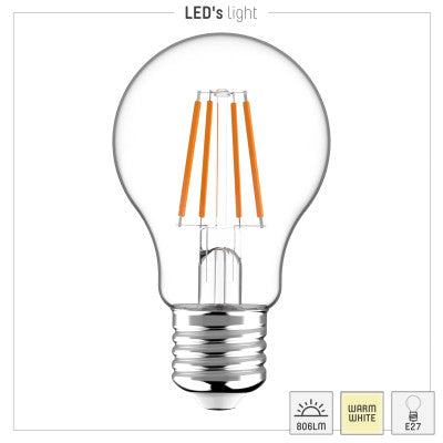 LED Filament Lamp A60 E27 806 lumen - 7W - Warmwit 2700K - 330° Stralingshoek - 5 stuks