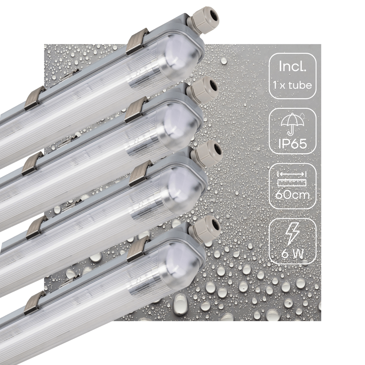 Réglette LED résistante à l’humidité, 1110 lumens – 6 W – Blanc froid 4000 K – IP65 – IK08 – 60 cm – 4 pièces