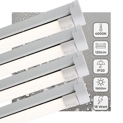 Luminaire LED pour tube fluorescent 1900 lumen - 18W - Blanc froid 4000K - Tube remplaçable - 120cm - 4 unités