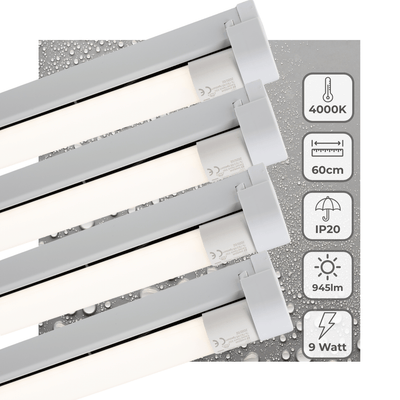 Luminaire LED pour tube fluorescent 945 lumen - 9W - Blanc froid 4000K - 60cm - IP20 - Douille T8 - 4 unités