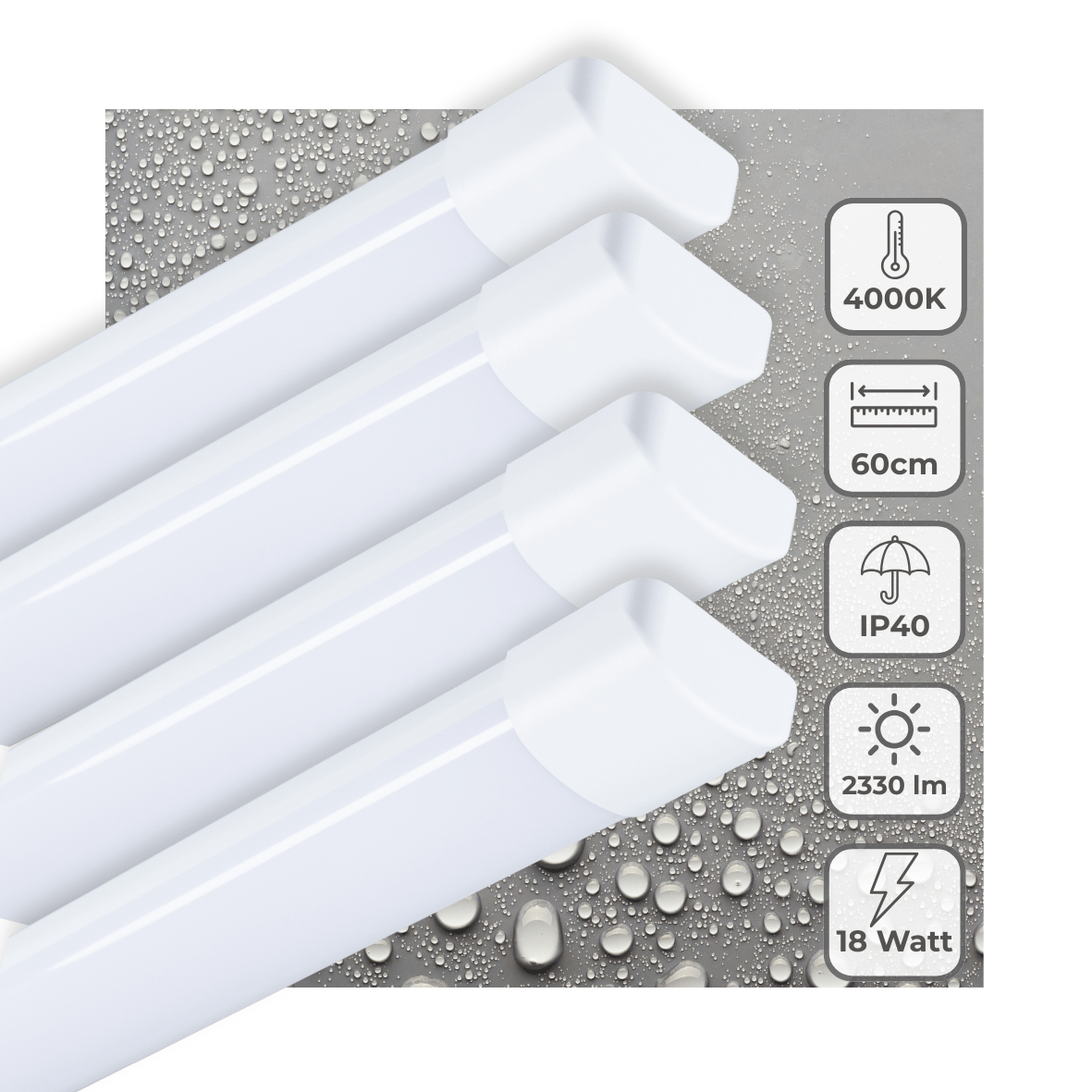 LED Batten 60cm - 2330 lumen - 18W - Koelwit 4000K - IP40 - IK08 - 4 stuks