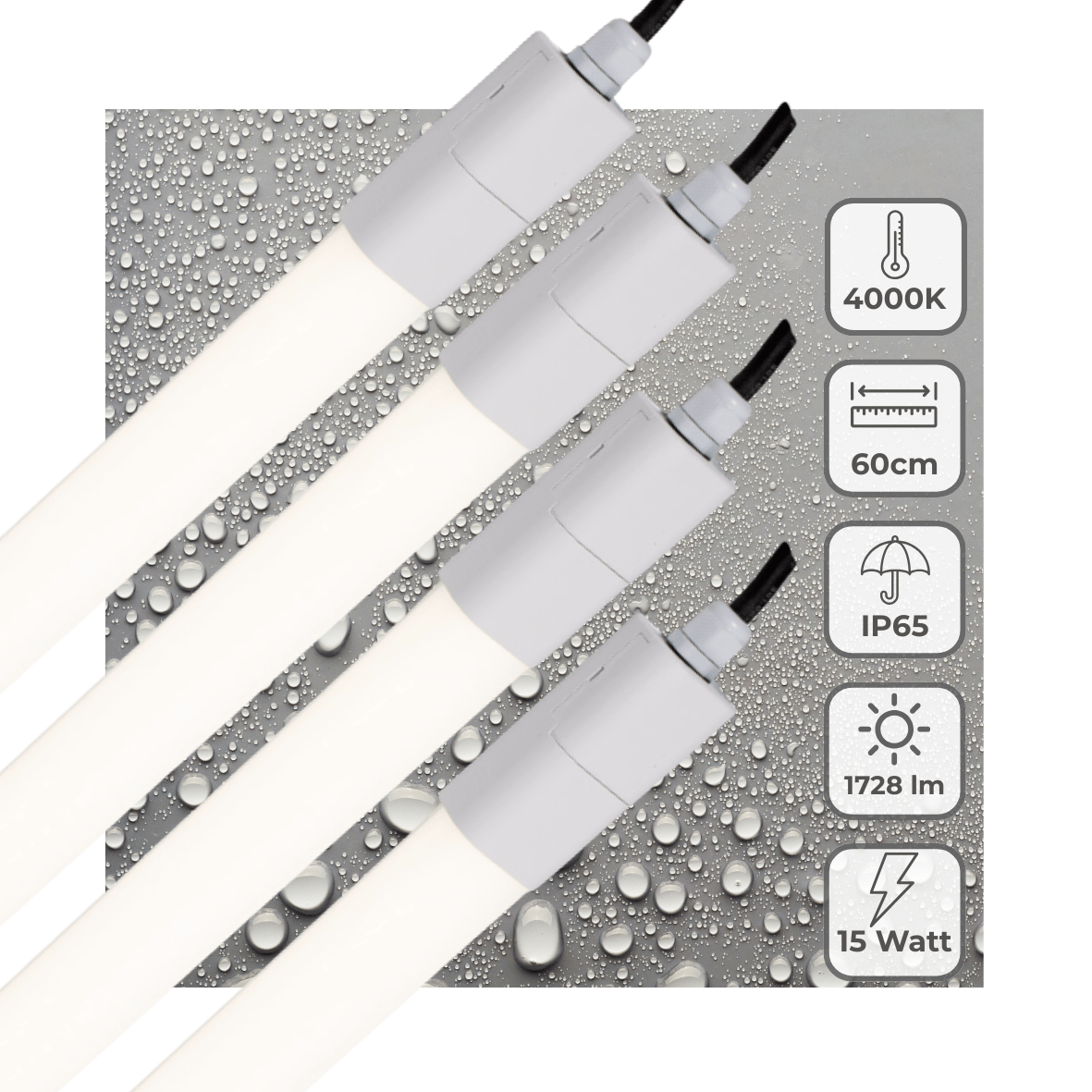 LED Vochtbestendig armatuur 1725 lumen - 15W - Koelwit 4000K - IP65 - 60cm - 4 stuks