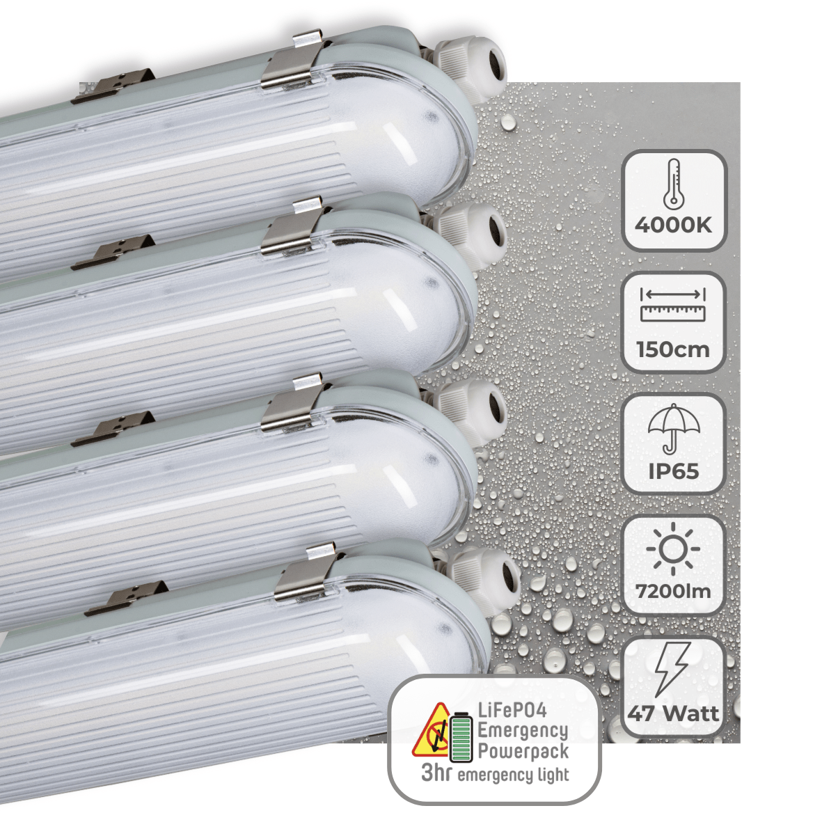 LED Vochtbestendig armatuur 150cm - 7200 lumen - 47W - Koelwit 4000K - IP65 - Met noodaccu - 4 lichtstanden - 4 stuks