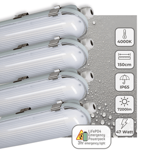 Luminaire LED résistant à l’humidité 150cm - 7200 lumens - 47W - Blanc froid 4000K - IP65 - Avec batterie de secours - 4 modes d’éclairage - 4 pièces