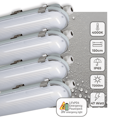 LED Vochtbestendig armatuur 150cm - 7200 lumen - 47W - Koelwit 4000K - IP65 - Met noodaccu - 4 lichtstanden - 4 stuks