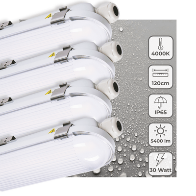 Luminaire LED étanche à l’humidité 5400 lumen - 30W - Blanc froid 4000K - IP65 - IK08 - 120cm - 4 unités