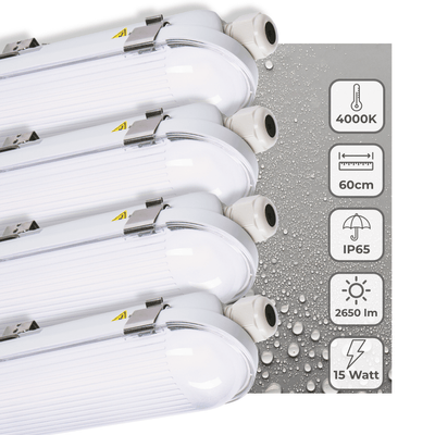 LED Vochtbestendig armatuur - 2650 lm - 15W - Koelwit 4000K - 120° - IP65 - IK08 - 60cm - 230V - 4 stuks