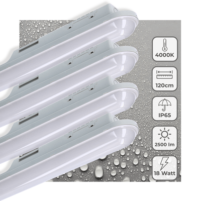Luminaire LED pour tube fluorescent 2500 lumen - 18W - Blanc froid 4000K - IP65 étanche - IK08 résistant aux chocs - 120cm - 4 unités