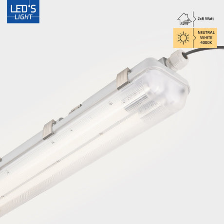 LED Vochtbestendig armatuur 60cm Dubbel - 2220 lumen - 12W - Koelwit 4000K - IP65 - IK08 - Inclusief 2 LED buizen