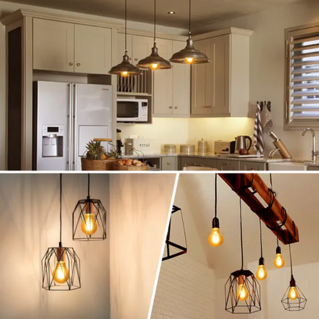 Ampoule Aigostar 8 W E27 en verre ambré dans une cuisine moderne avec des suspensions