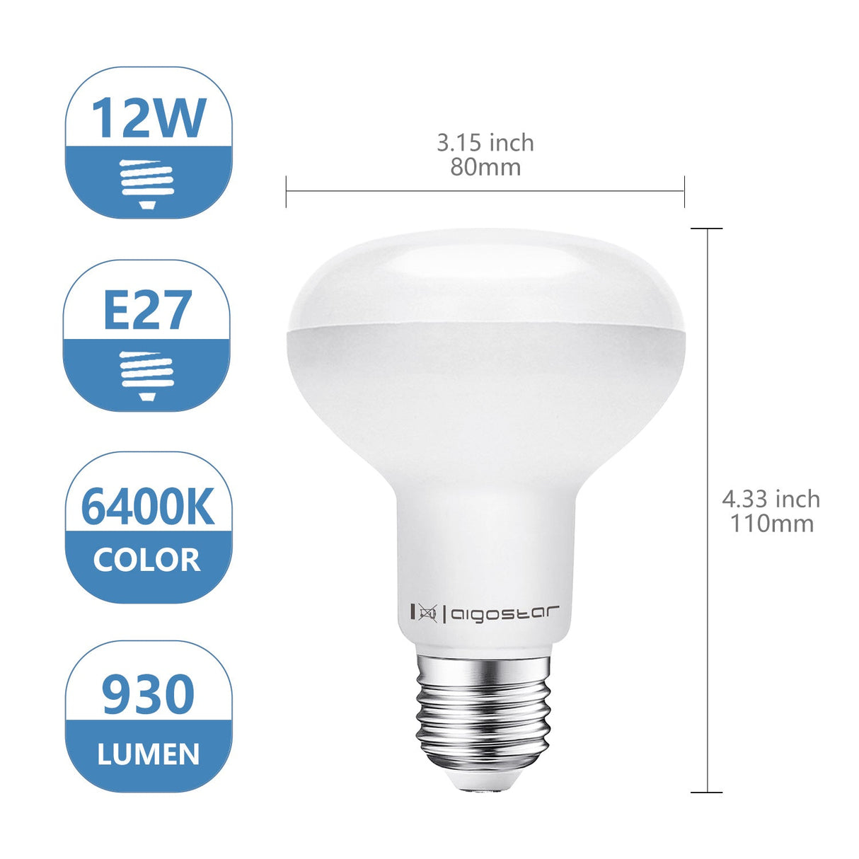 Aigostar R80 spiegellamp daglichtwit van 12W met een helderheid van 930 lumen en een kleurtemperatuur van 6400K.