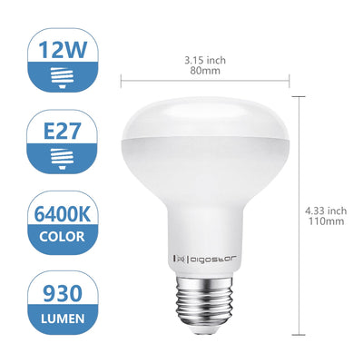 Aigostar R80 ampoule miroir blanc lumière du jour de 12 W, avec une luminosité de 930 lumens et une température de couleur de 6 400 K.