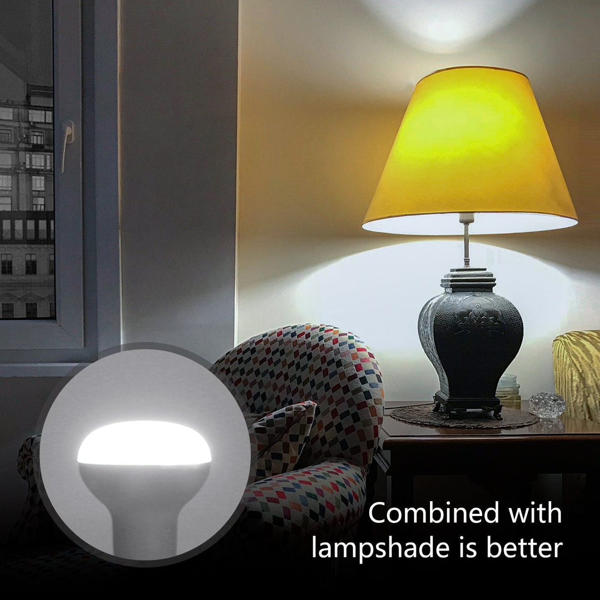Aigostar R80 spiegellamp daglichtwit in een gezellige woonkamer met een lamp en schaduw