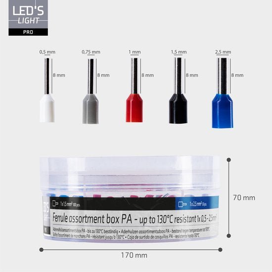 Aderhulzen Assortiment PA-ferrules - 5 Maten 0.5mm² tot 2.5mm² - 225 Stuks - Temperatuurbestendig tot 130°C - Opbergdoos
