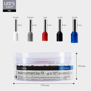 Aderhulzen Assortiment PA-ferrules - 5 Maten 0.5mm² tot 2.5mm² - 225 Stuks - Temperatuurbestendig tot 130°C - Opbergdoos