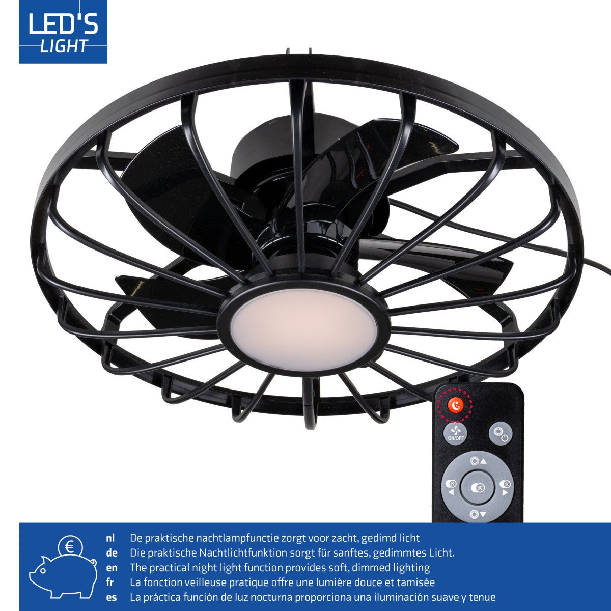 LED plafondventilator 900 lumen - 22W - extra warmwit 2000K / koelwit 4000K - afstandsbediening - IP44 - 51cm - zwart