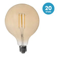 Gloeilamp E27 G125, LED 6W=60W, 500 Lumen, Amber 2200K, Dimbaar, 20 stuks, 230V