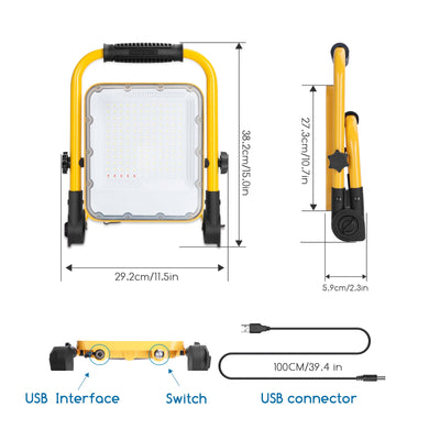 Projecteur de chantier – éclairage de travail rechargeable – USB | projecteur LED 100 W = 250 W | blanc lumière du jour 6500 K – 3 modes + flash bleu-rouge | étanche IP65 – LEDPLANET.NL