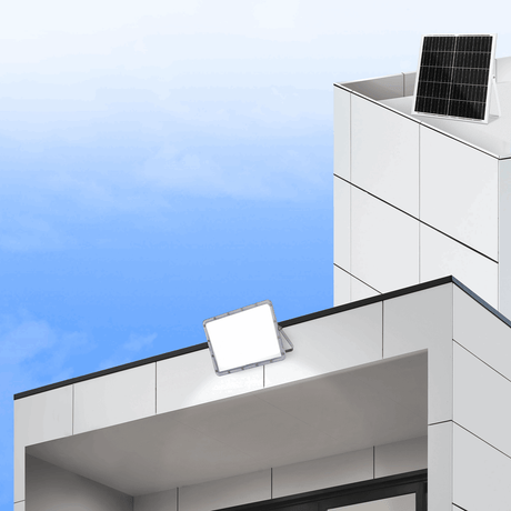 Projecteur LED extérieur gris avec panneau solaire | projecteur LED de 200 W~2000 lumens + télécommande | lumière du jour 6500 K - angle de faisceau de 90° | étanche IP65 - LEDPLANET.NL