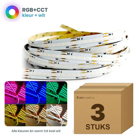 Doos met 3 rollen COB LED strip RGB+CCT 24V, alle kleuren en warm tot koel wit
