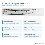 COB LED strip RGB+CCT 24V 20W/m: specificaties en 6 aansluitingen