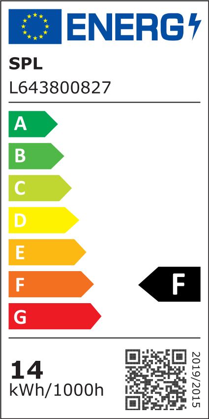Energie label van SPL dimbare PAR38 LED spot met energieklasse F en verbruik van 14 kWh per 1000 uur