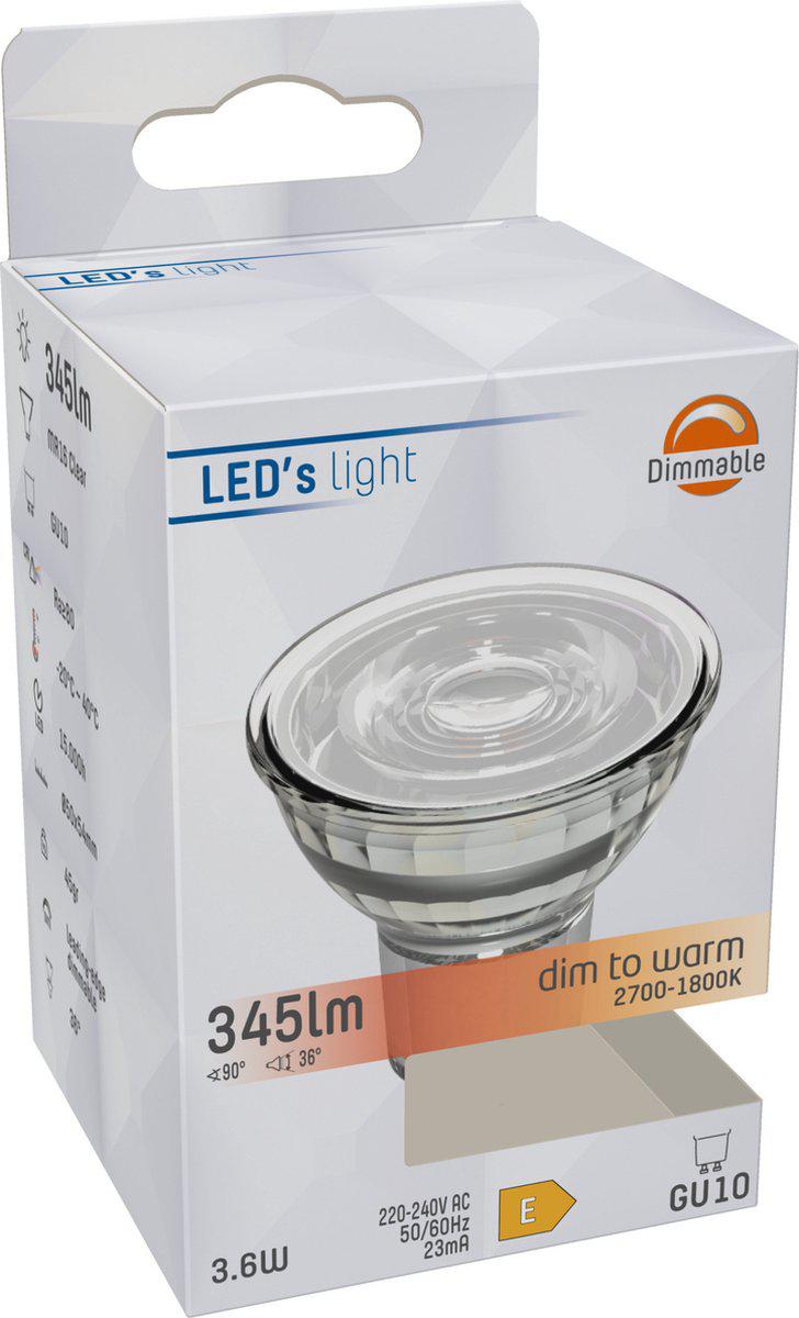 LED Spot GU10 Dimbaar 400 lumen - 3.8W - 2700K-2200K - 36° - MR16 - Dim-To-Warm