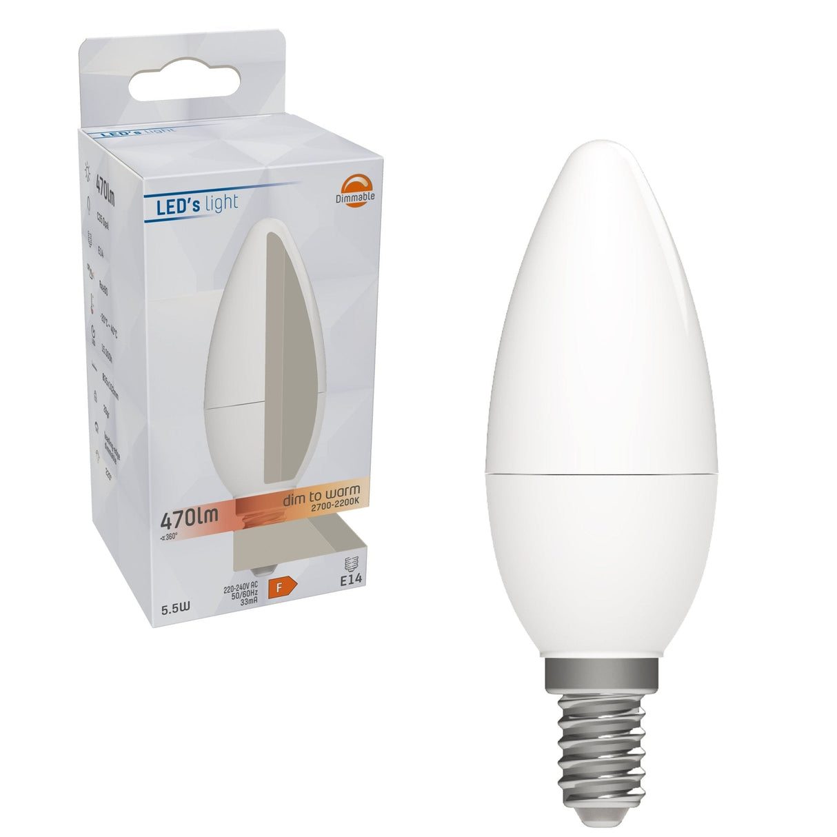 LED Kaarslamp E14 dimbaar - 470 lumen - 5.5W - Warmwit 2700K-2200K - Dim-To-Warm