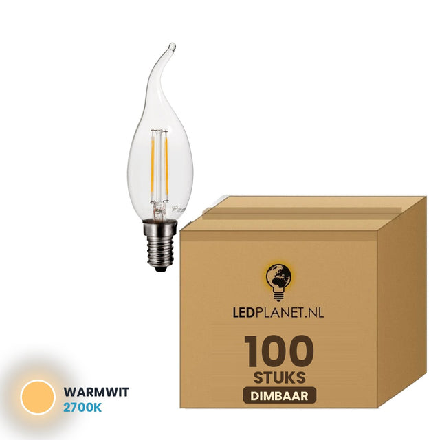 Kaarslamp E14 C35 gebogen tip, 100 stuks, 2700K, doos