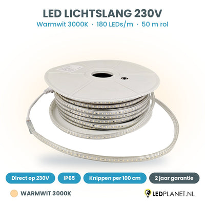 LED lichtslang 230V warmwit 3000K, 180 LEDs per meter, rol van 50 meter, IP65, per 100 cm te knippen