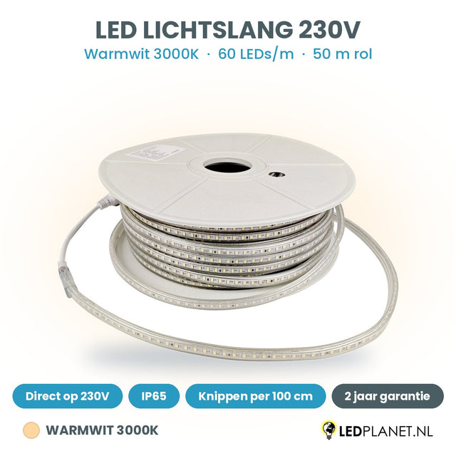 LED lichtslang 230V warmwit 3000K, 60 LEDs per meter, rol van 50 meter, IP65, per 100 cm te knippen