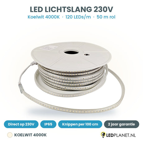 LED lichtslang 230V koelwit 4000K, 120 LEDs per meter, rol van 50 meter, IP65, per 100 cm te knippen
