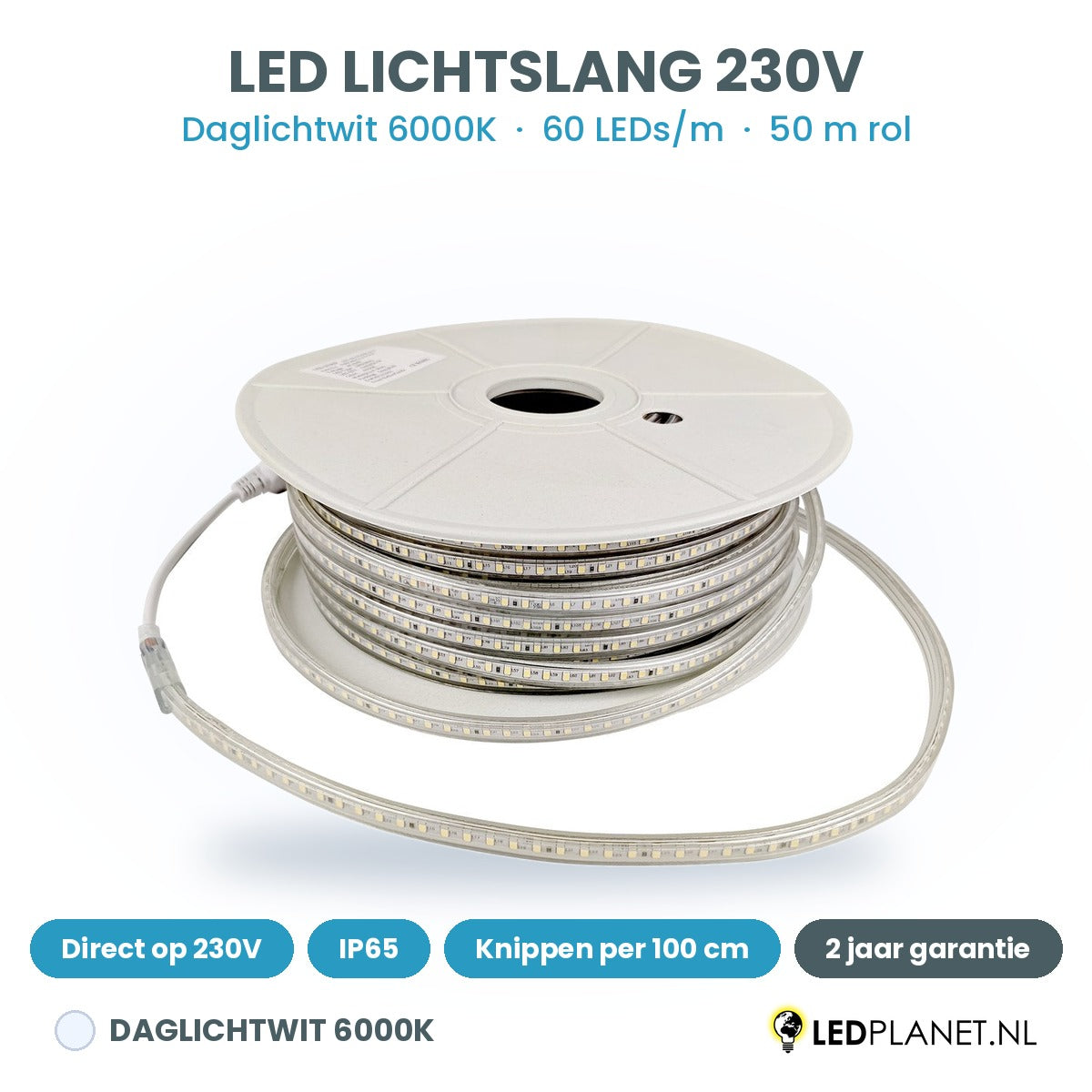 LED lichtslang 230V daglichtwit 6000K, 60 LEDs per meter, rol van 50 meter, IP65, per 100 cm te knippen