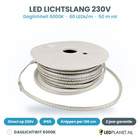 LED lichtslang 230V daglichtwit 6000K, 60 LEDs per meter, rol van 50 meter, IP65, per 100 cm te knippen