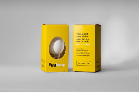Lampe œuf blanche LED, raccord E27, 2 W, dans un emballage jaune avec instructions