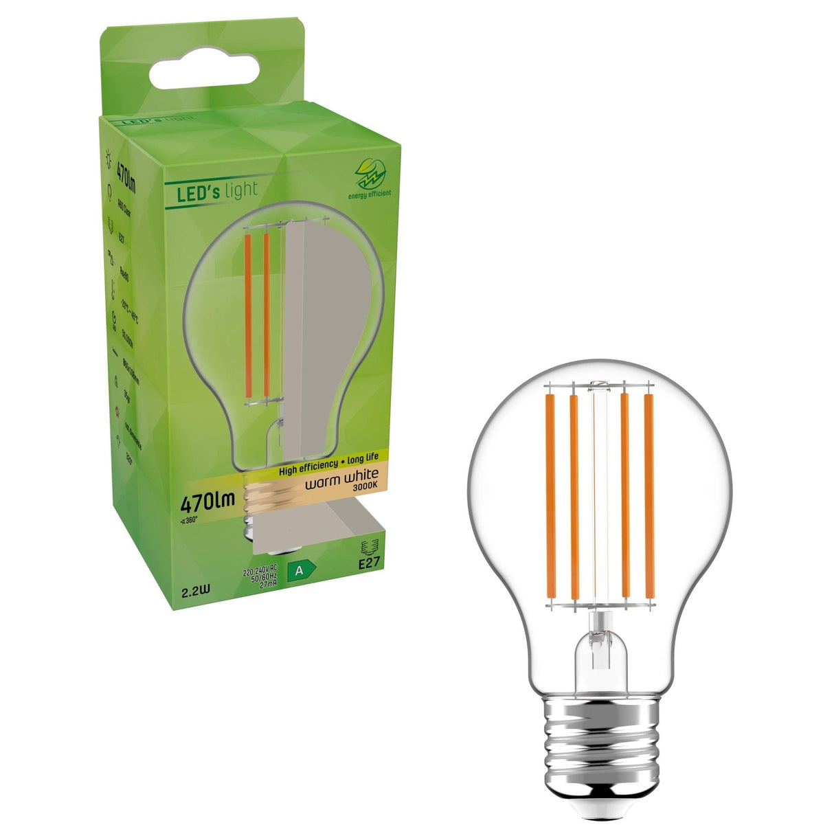 LED Filament Lamp E27 470 Lumen - 2.2W - Warmwit 3000K - Helder Glas