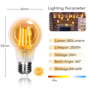 Ampoules E27 10 pièces | LED 8W=63W blanc chaud | 850 lumens - 2200K - verre ambré