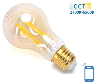 Gloeilamp E27 6W WiFi + Bluetooth CCT 2700K-6500K, Smartlamp A60, warmwit, daglichtwit LED ~ 806 Lumen, amber glas, 230 Volt