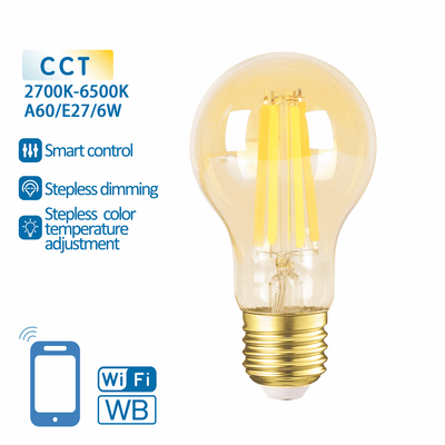 Gloeilamp E27 6W WiFi + Bluetooth CCT 2700K-6500K, Smartlamp A60, warmwit