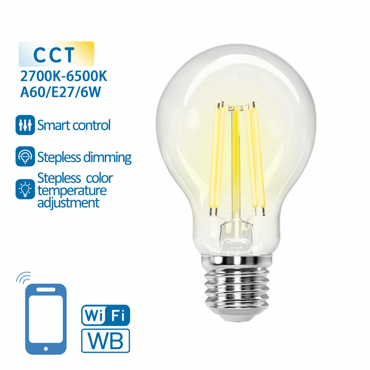 Gloeilamp E27 6W WiFi + Bluetooth CCT 2700K - 6500K | Smartlamp A60 - warmwit - daglichtwit LED ~ 850 Lumen - helder glas - 230 Volt - LEDPLANET.NL