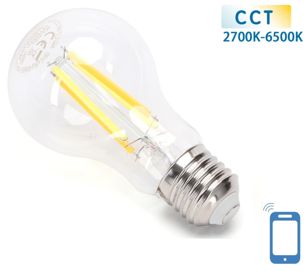 Gloeilamp E27 6W WiFi + Bluetooth CCT 2700K - 6500K | Smartlamp A60 - warmwit - daglichtwit LED ~ 850 Lumen - helder glas - 230 Volt - LEDPLANET.NL