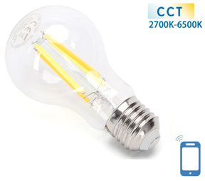 Gloeilamp E27 6W WiFi + Bluetooth CCT 2700K-6500K, Smartlamp A60, warmwit, daglichtwit LED ~ 850 Lumen, helder glas, 230 Volt