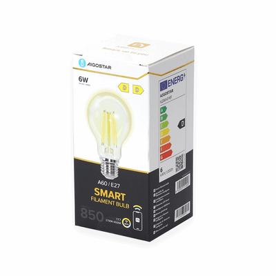 Gloeilamp E27 6W WiFi + Bluetooth CCT 2700K-6500K, Smartlamp A60, warmwit