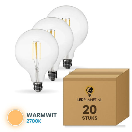 Gloeilamp E27 G125, LED 4W=40W, 450 Lumen, Clear 2700K, Dimbaar, doos 20 stuks, 230V